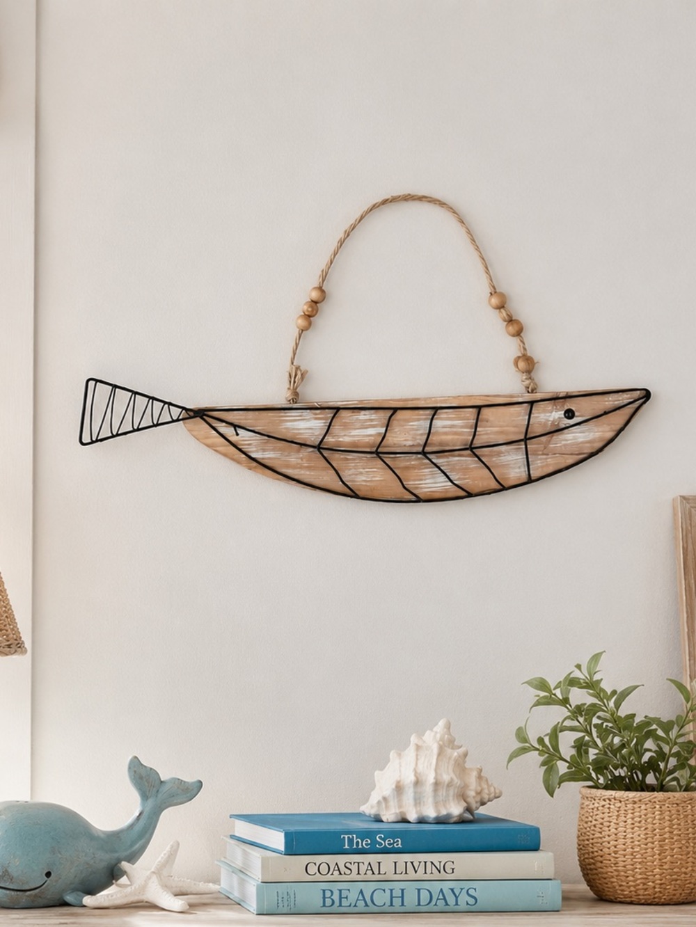 Ty Pennington Coastal Wood & Metal Fish Wall Decor Beaded Rope Nautical Hanging